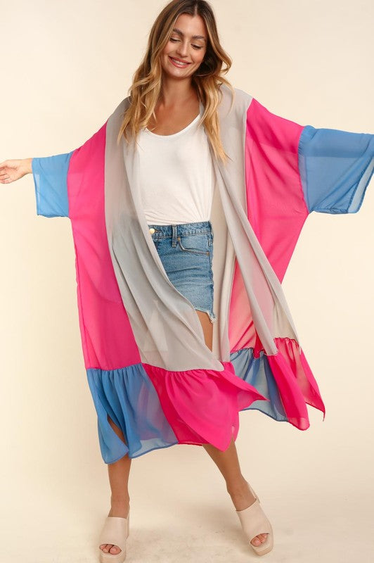 Plus color block kimono cardigan, open front, taupe body with fuchsia and blue contrast