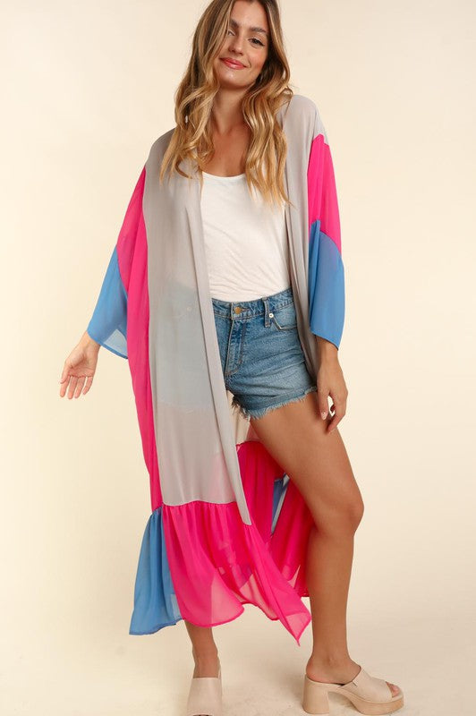Plus maxi kimono open cardigan featuring taupe, fuchsia and blue color-block panels