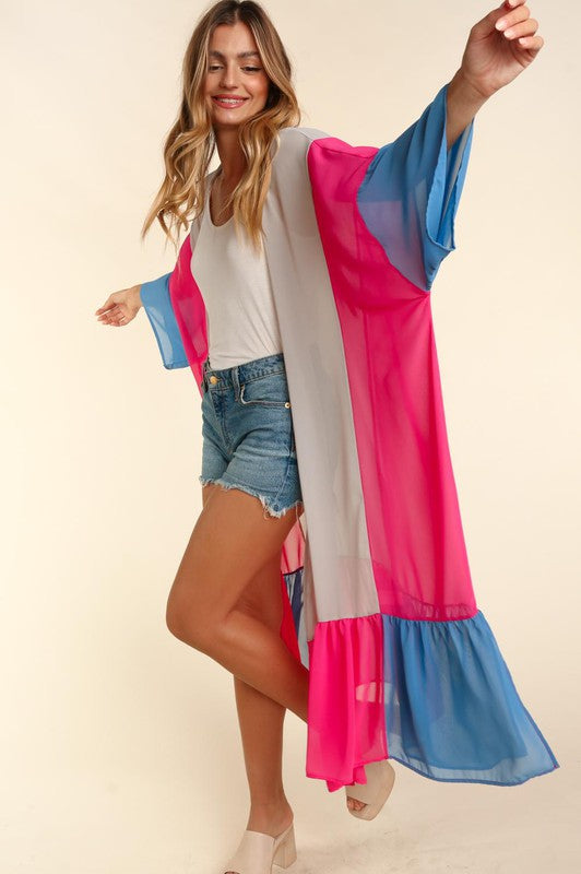 Plus kimono maxi cardigan with layered skirt hem in taupe, fuchsia and blue blocks