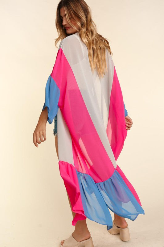 Back view of plus color block maxi kimono cardigan with open style and tiered blue hem