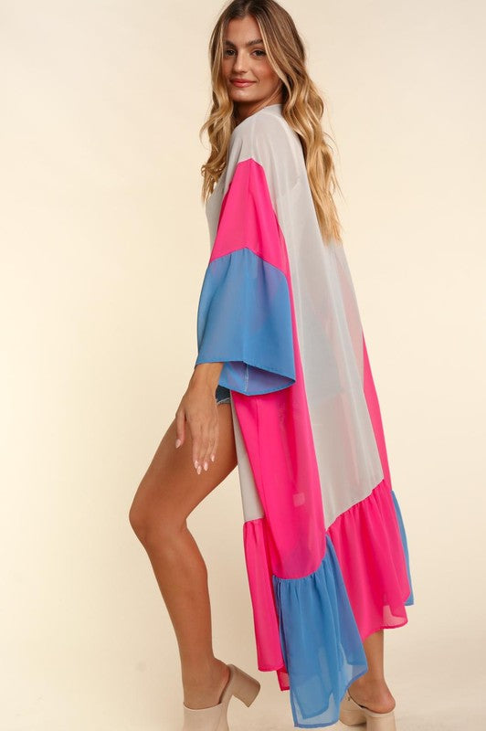 Side view of plus open-front kimono maxi cardigan in taupe, fuchsia and blue panels