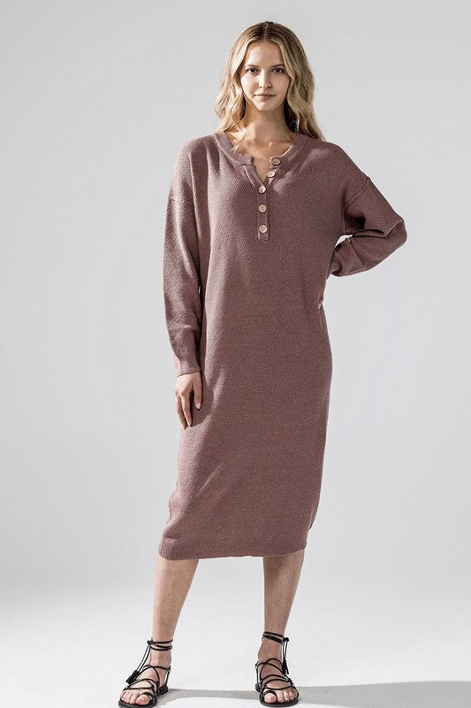 Chocolate button-front midi knit sweater dress with long sleeves and henley placket