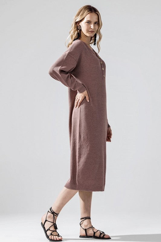 Brown button-front midi sweater dress, long sleeves, side slit detail at hem