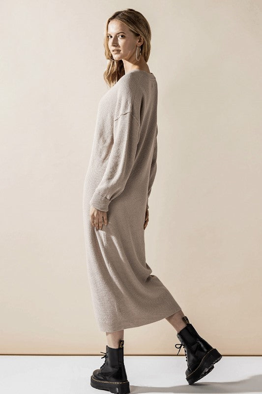 Light taupe button-front midi knit sweater dress, long sleeves, henley buttons