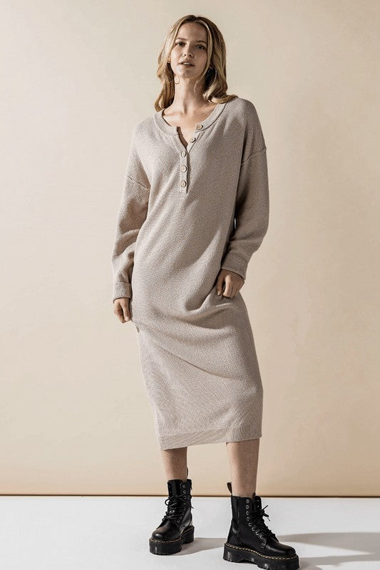 Taupe button-front midi sweater dress with henley neckline and long sleeves