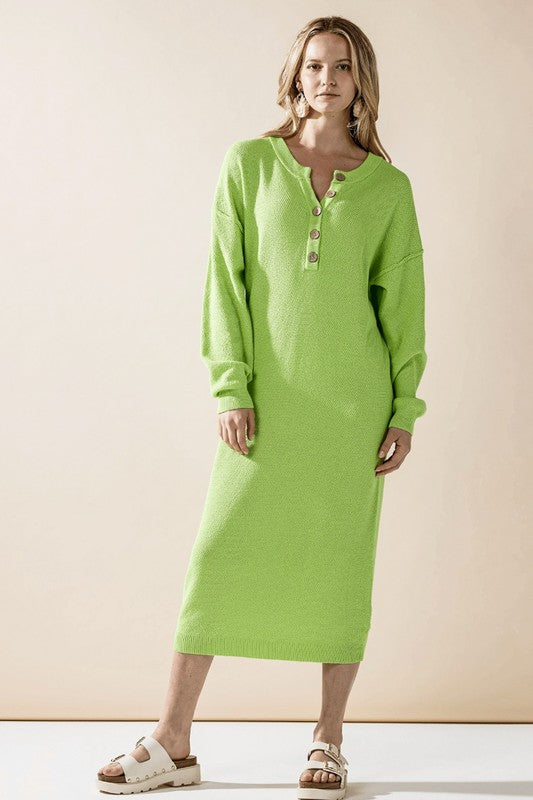 Lime green button-front midi knit sweater dress with long sleeves and button placket