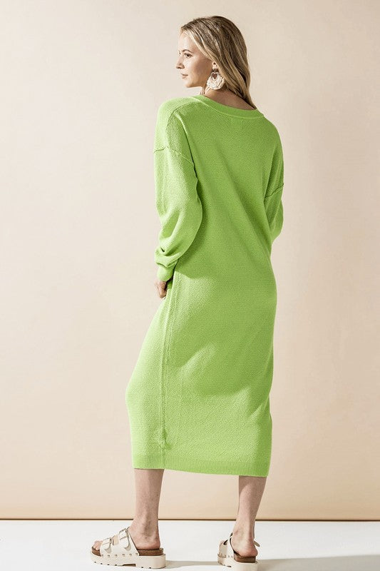 Lime green midi sweater dress, long sleeves, button back placket detail