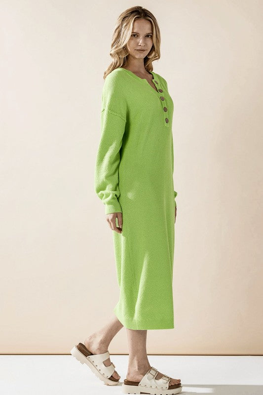 Bright lime button-front midi knit sweater dress with long sleeves and henley buttons