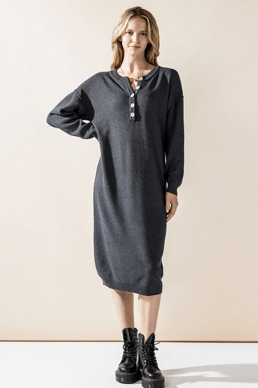 Charcoal gray button-front midi knit sweater dress with long sleeves and henley placket