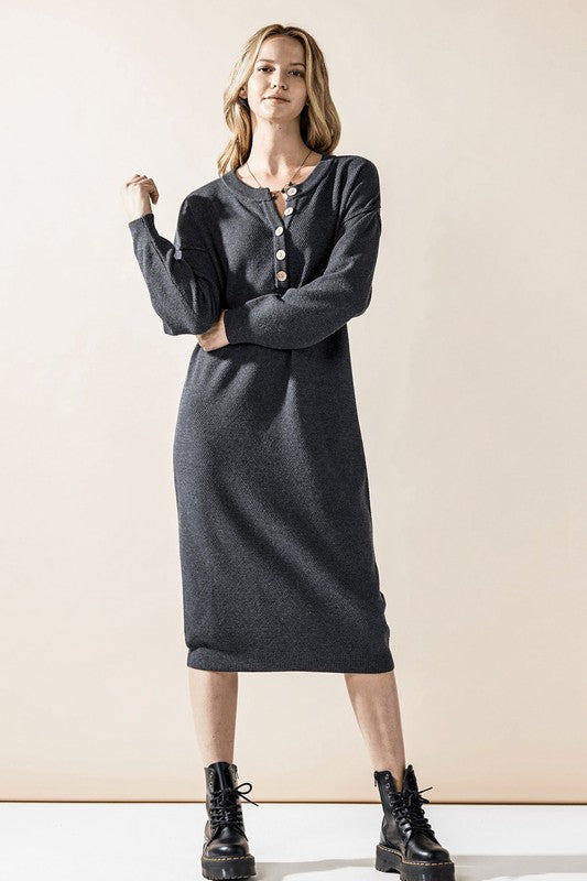 Charcoal plus-size button-front midi sweater dress with long sleeves
