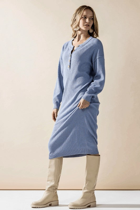 LT.Blue button-front midi sweater dress with long sleeves
