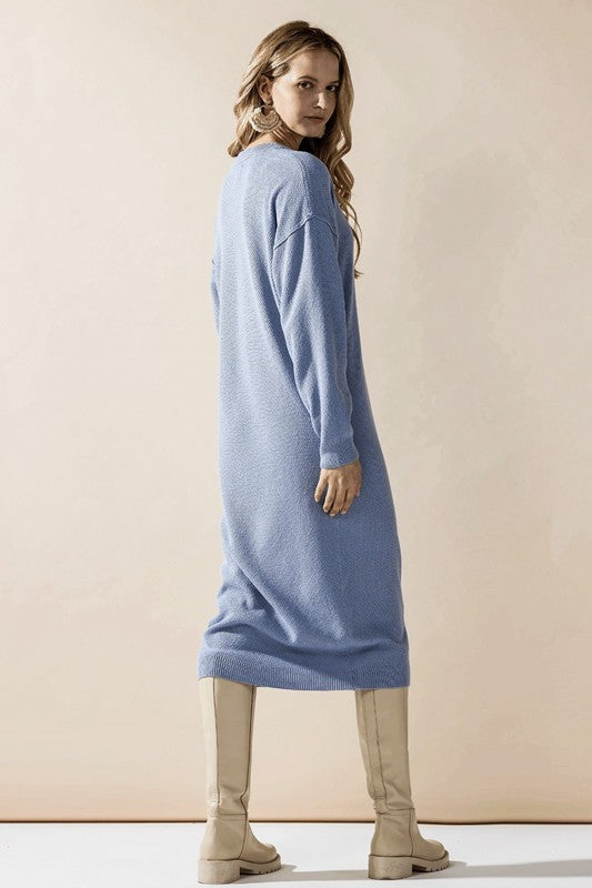 LT.Blue button-front midi sweater dress, side view