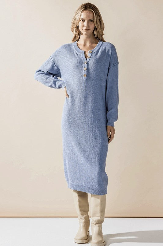 LT.Blue button-front midi sweater dress, relaxed fit
