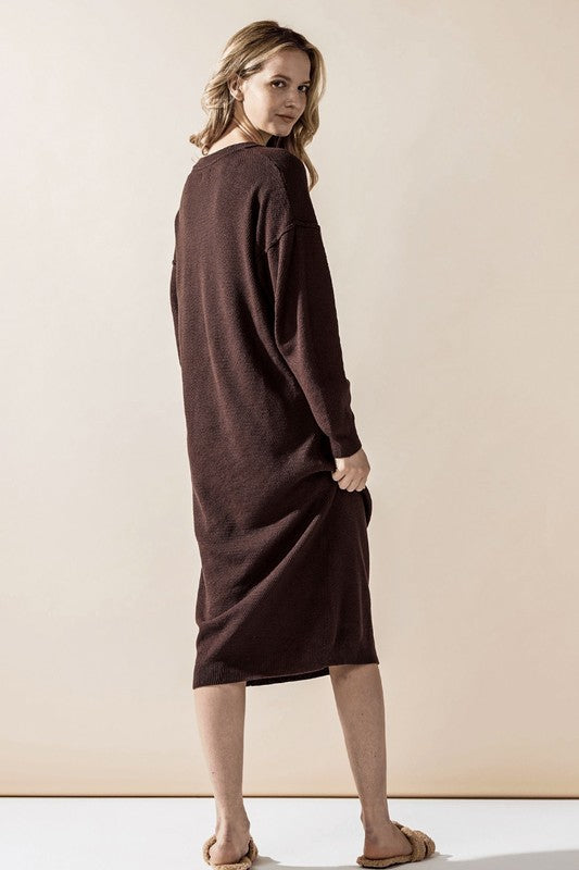 Chocolate plus-size button-front midi sweater dress with long sleeves