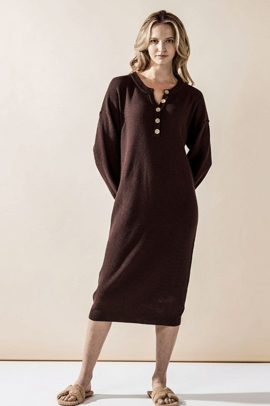 Chocolate button-front midi sweater dress with henley-style neckline