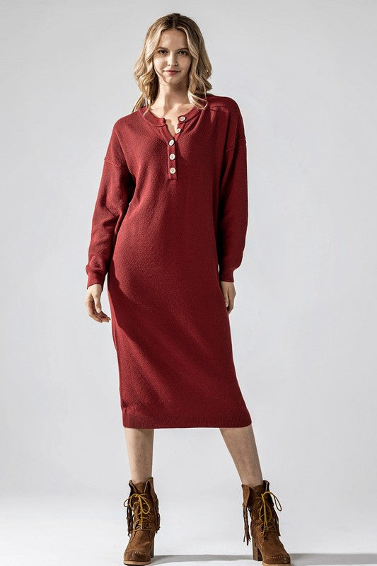 Brick plus-size button-front midi sweater dress with long sleeves