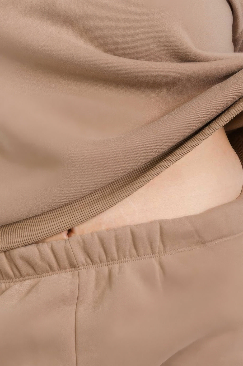 Taupe fleece joggers close-up: elastic waistband and drawstring seam detail