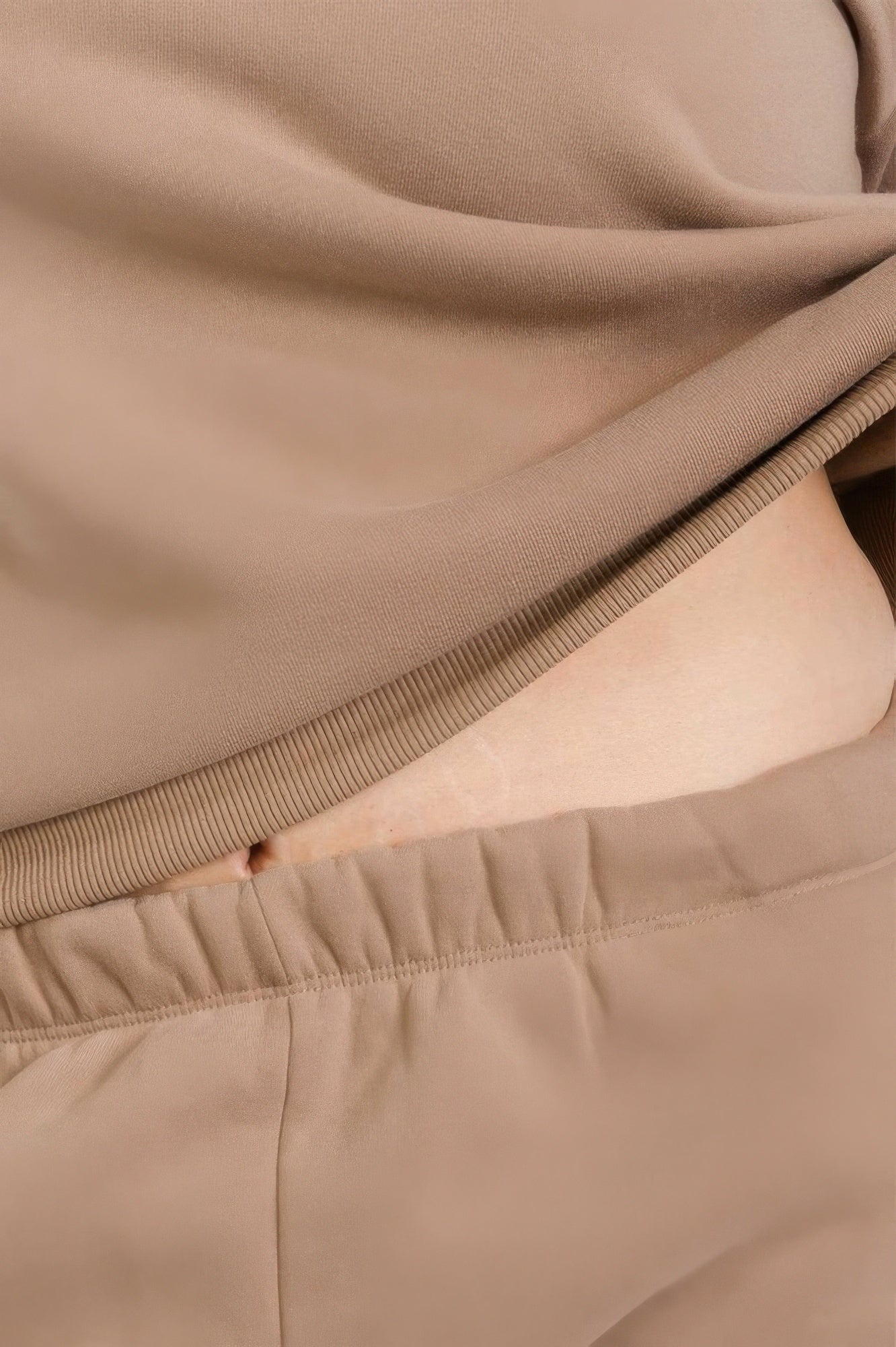 Taupe fleece joggers close-up: elastic waistband and drawstring seam detail