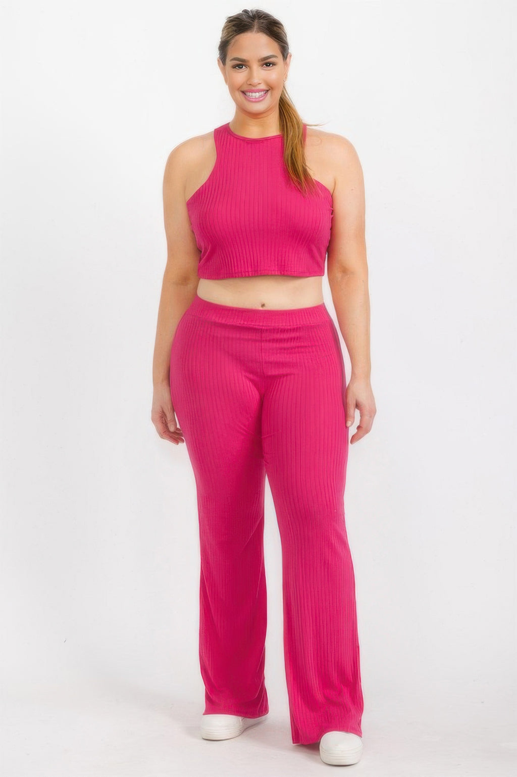 Fuchsia ribbed cropped halter top and bootcut pants set, matching set