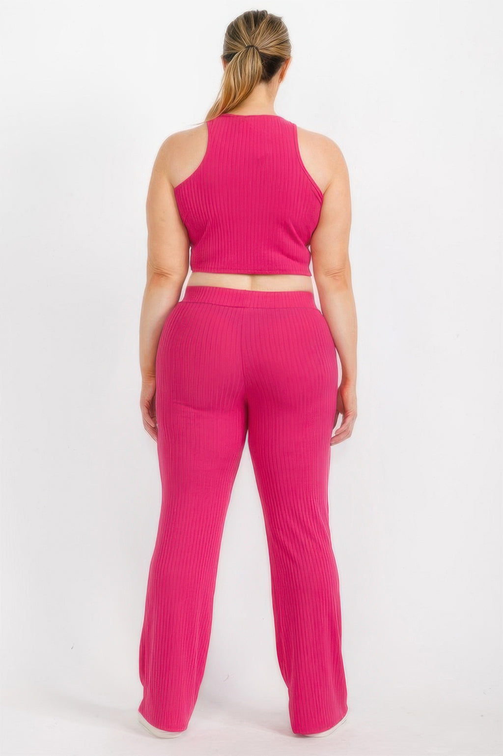 Fuchsia ribbed cropped halter top and bootcut pants set, back view