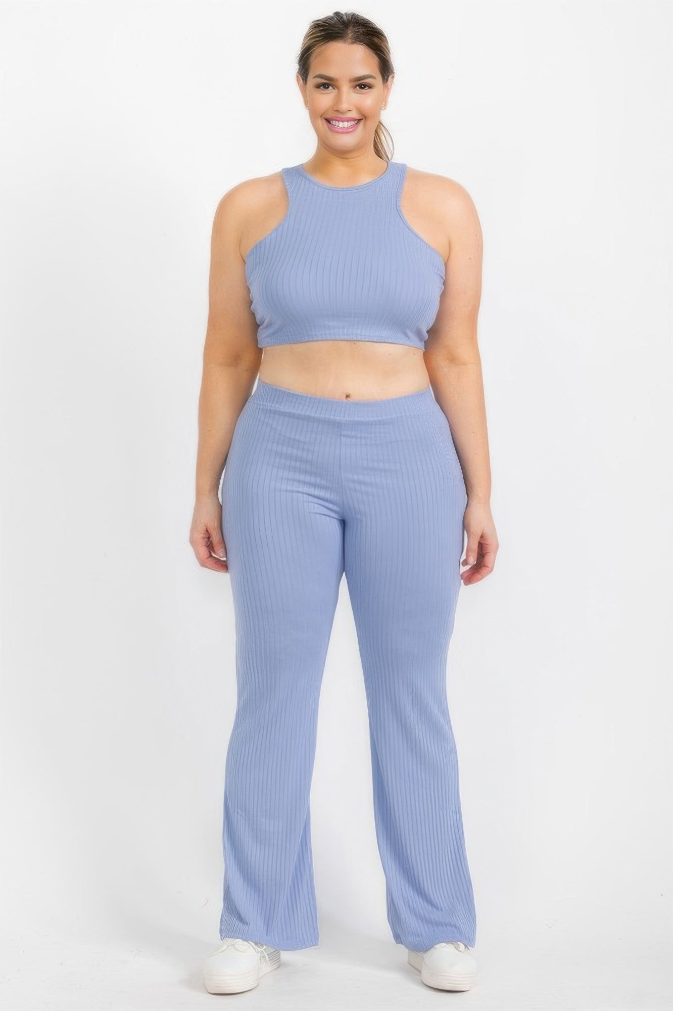 Light blue ribbed cropped halter top and bootcut pants set, front view