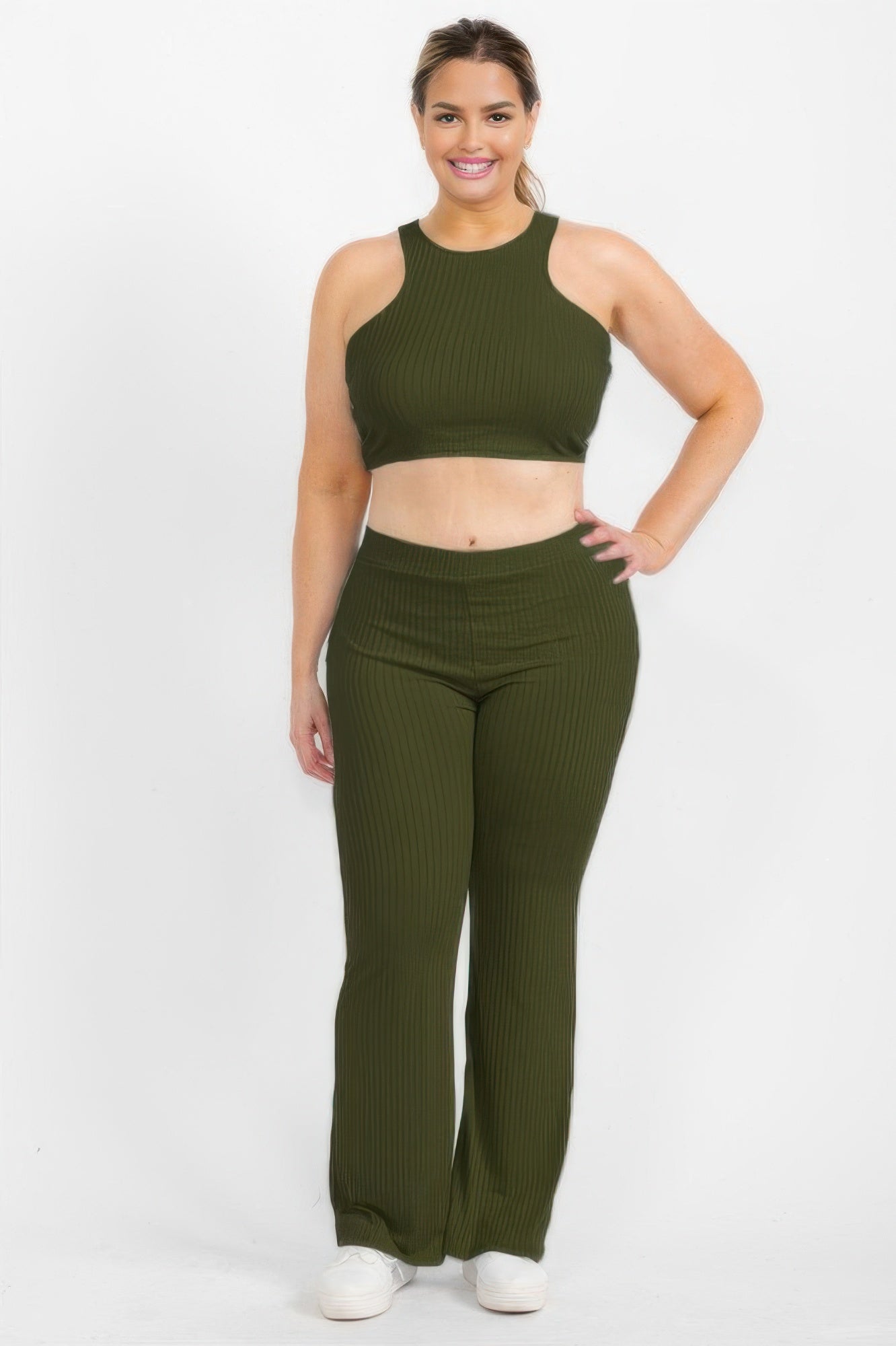 Olive ribbed cropped halter top and bootcut pants set, front view