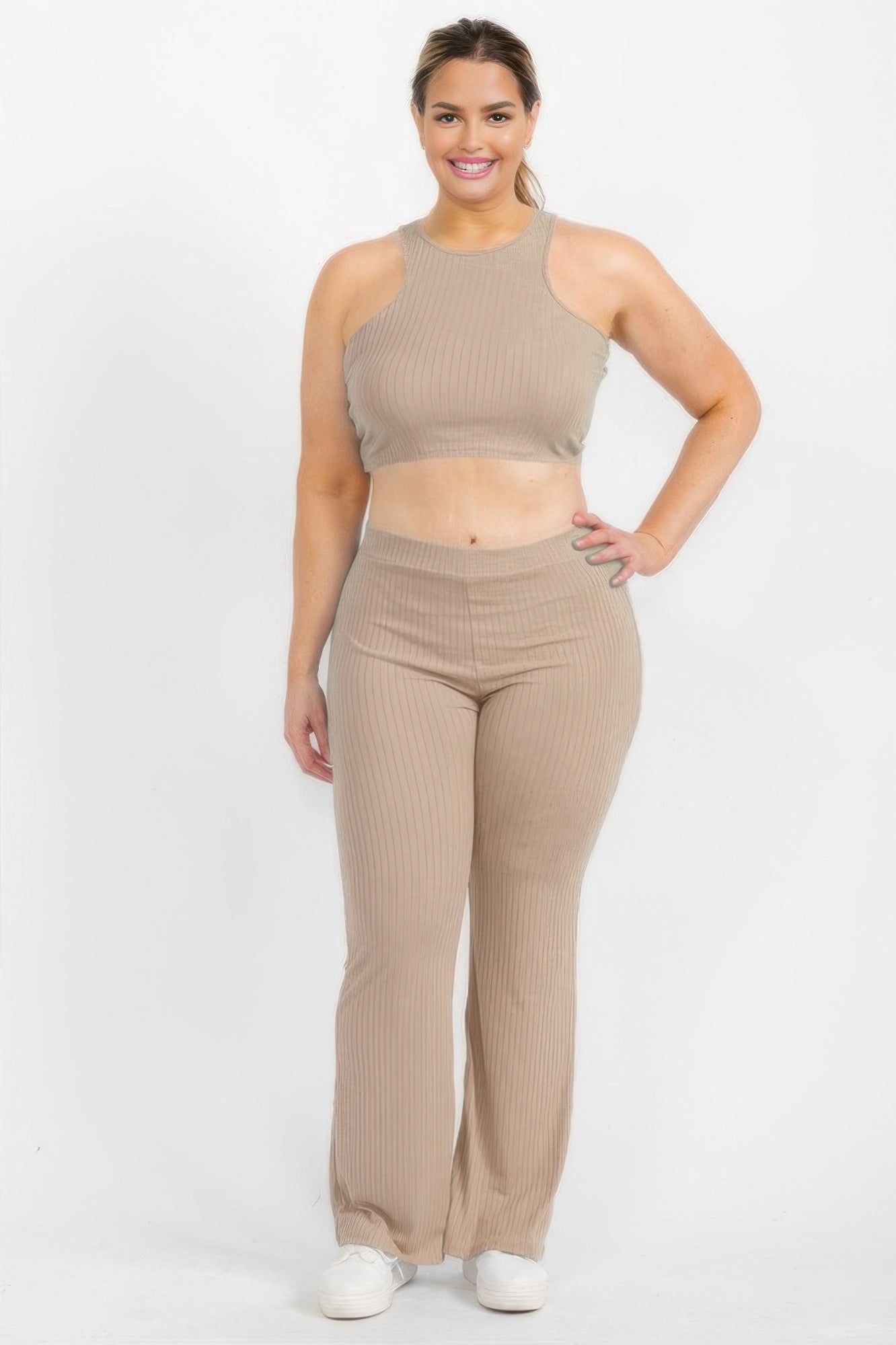 Taupe ribbed cropped halter top and bootcut pants set, front view