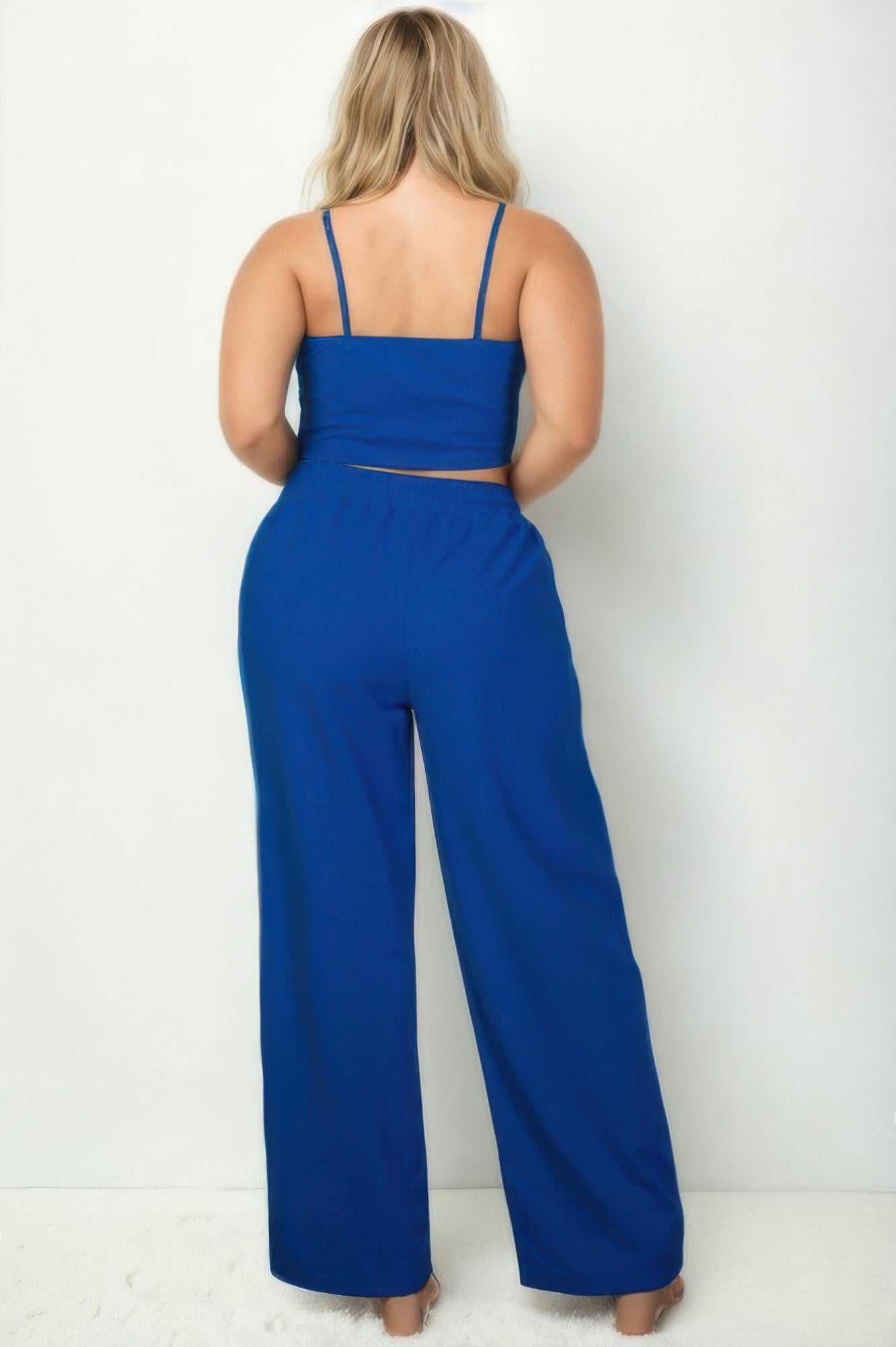 Royal blue back view of bustier crop cami top with wide straight-leg pants