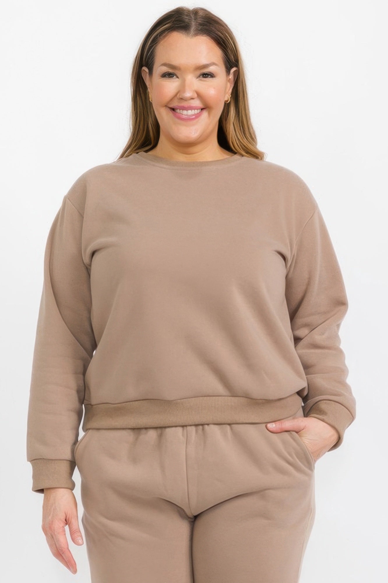 Taupe Plus Size Classic fleece crewneck pullover, front view