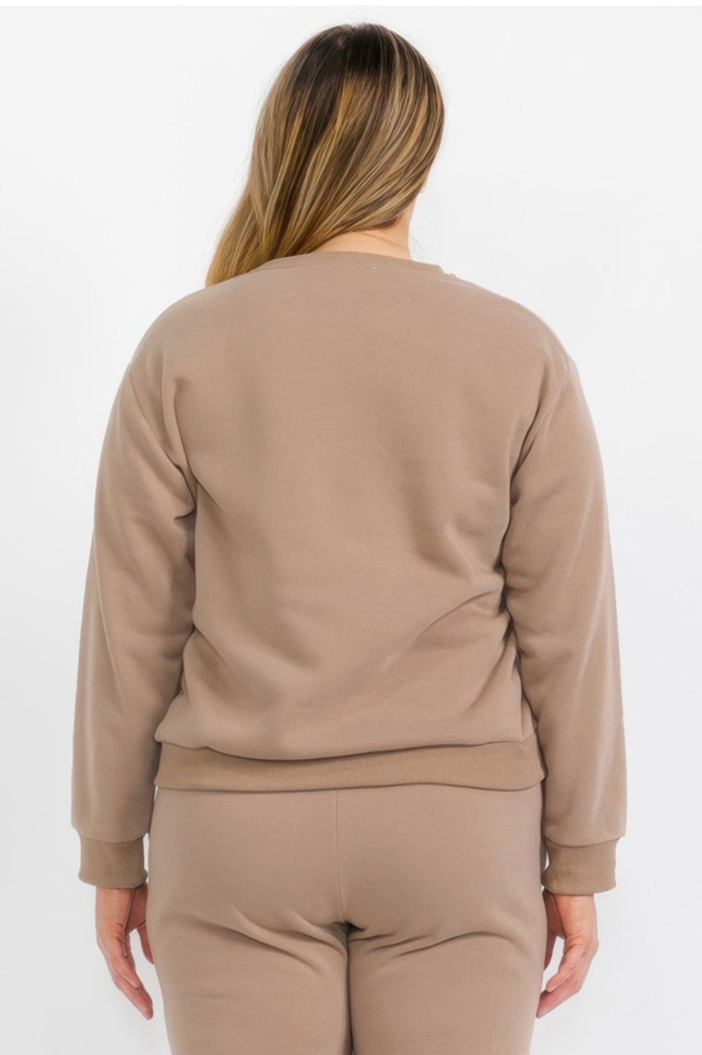 Taupe Plus Size fleece crewneck pullover, back view