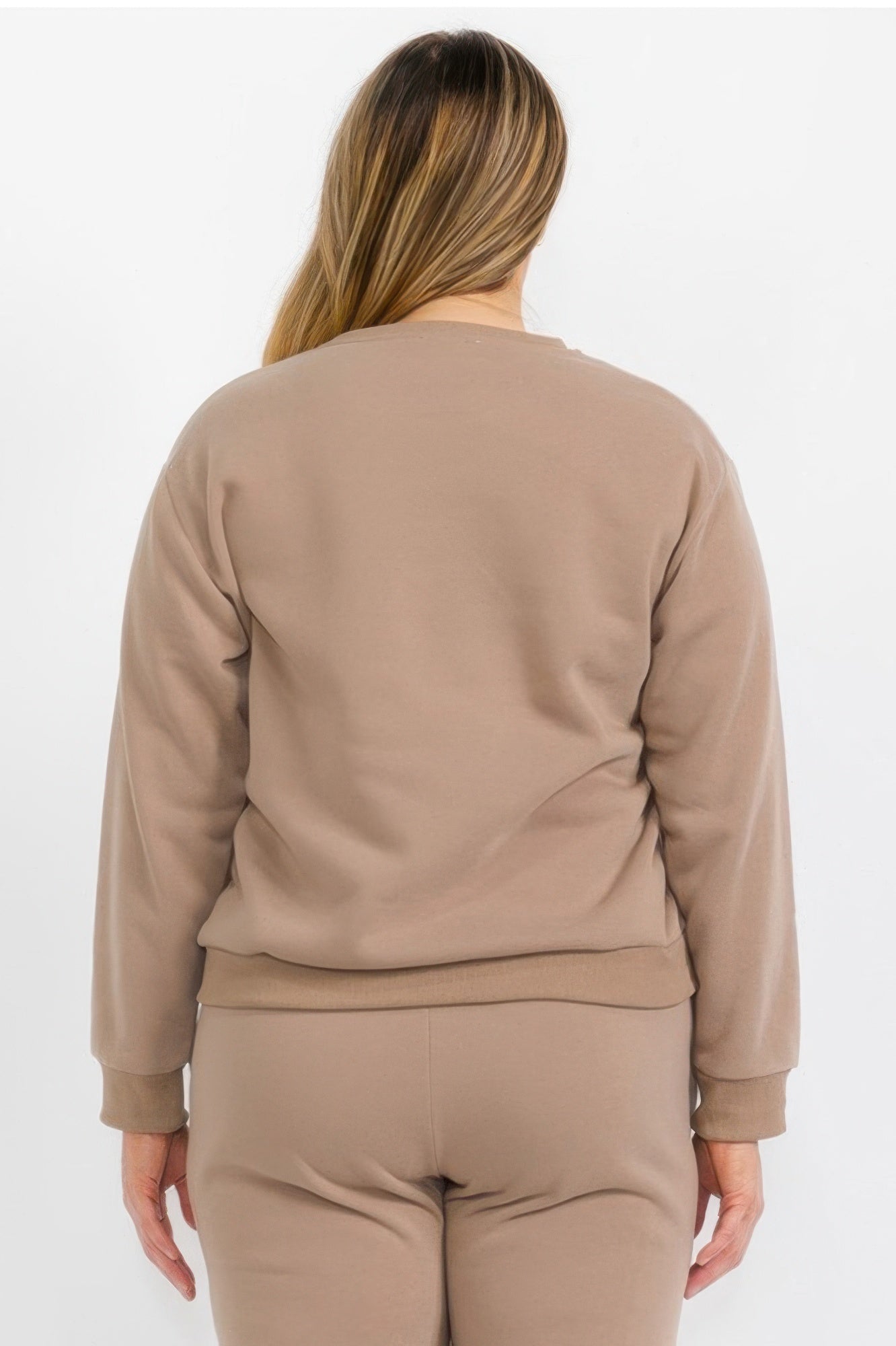 Taupe Plus Size fleece crewneck pullover, back view