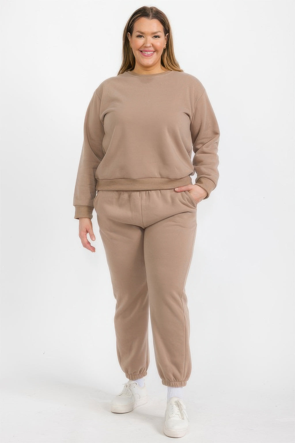 Taupe Plus Size fleece crewneck pullover with crew neck and long sleeves
