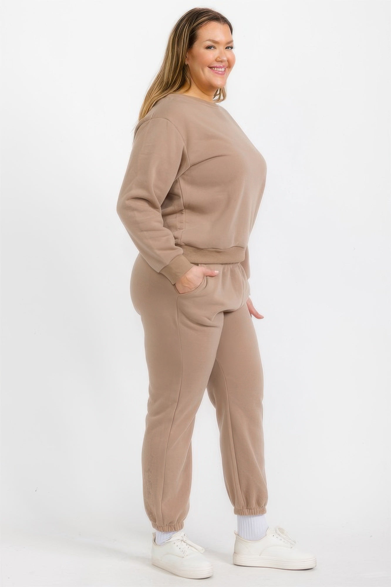 Taupe Plus Size fleece crewneck pullover, angled side view
