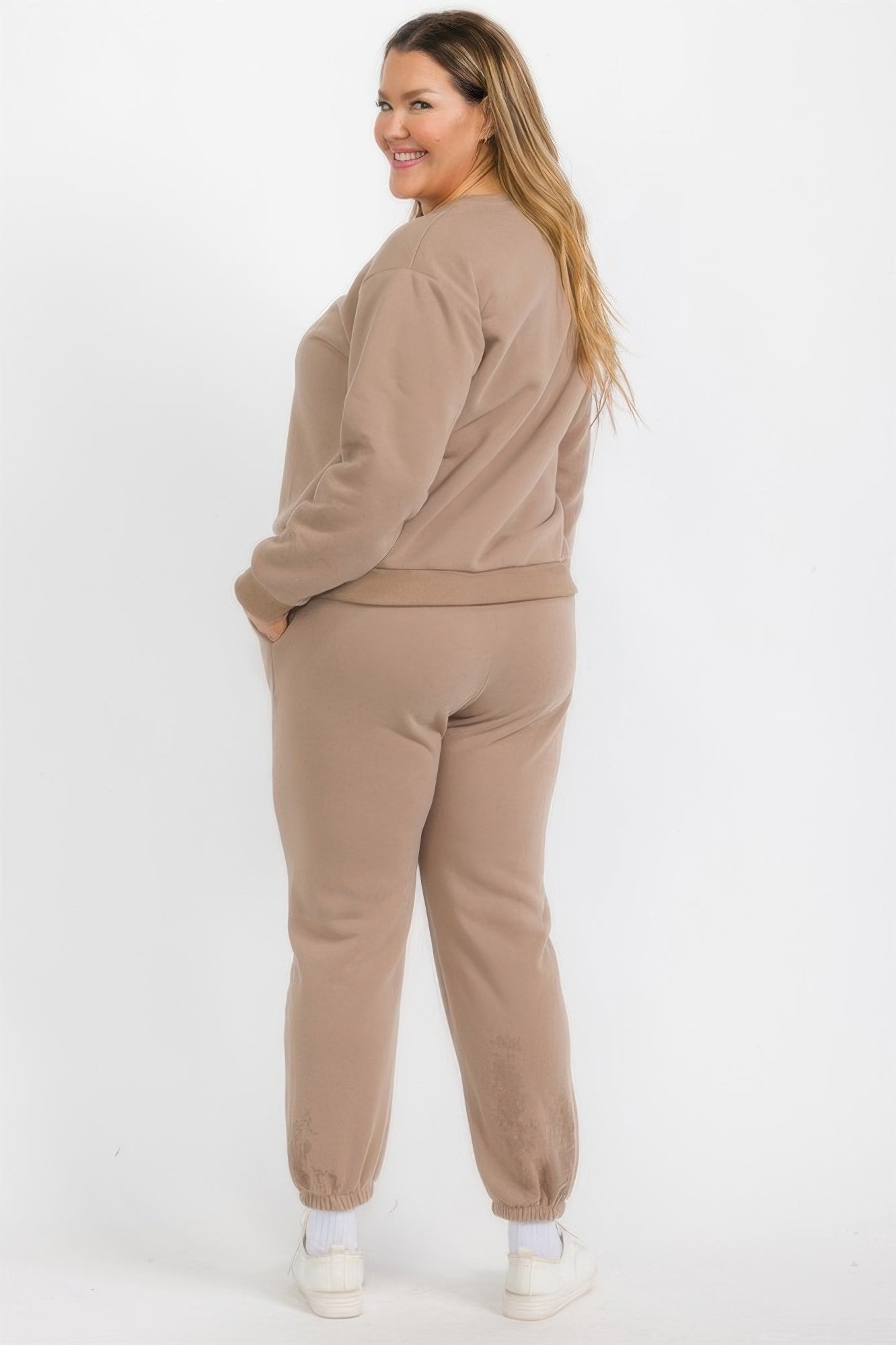 Taupe Plus Size fleece crewneck pullover, profile view