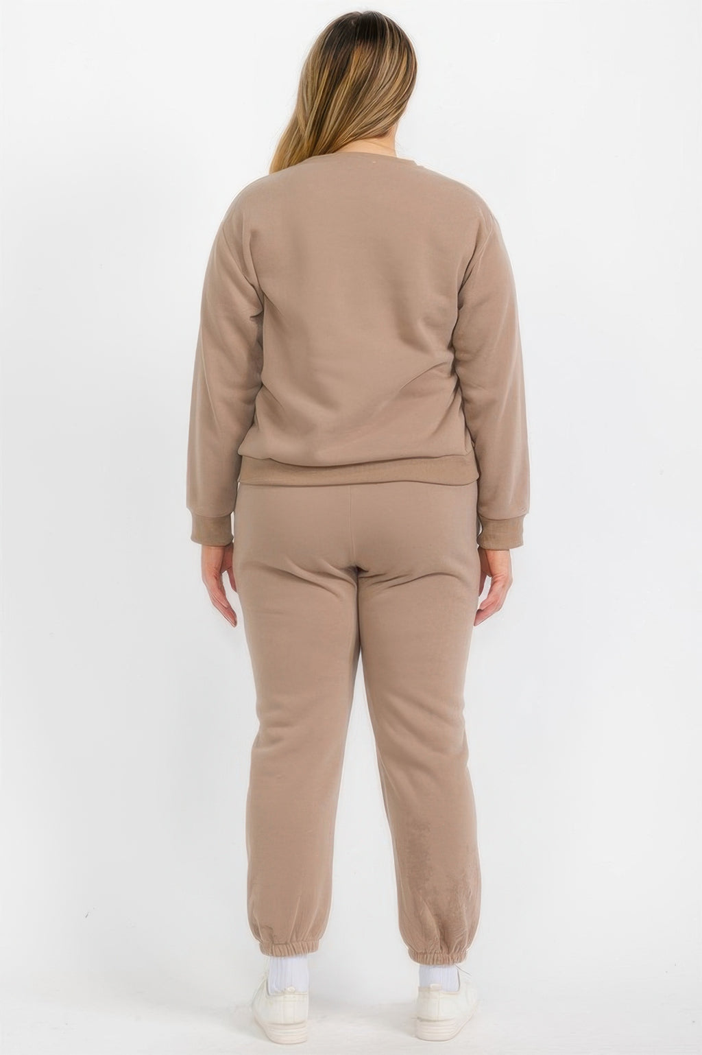 Taupe Plus Size fleece crewneck pullover, back profile view