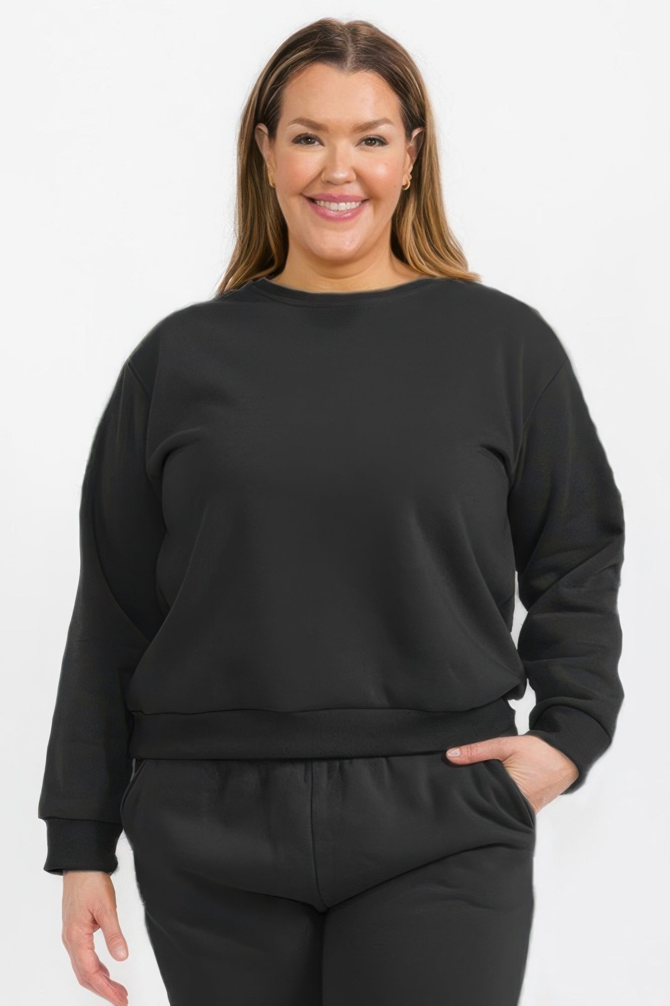 Black Plus Size fleece crewneck pullover, front view with long sleeves