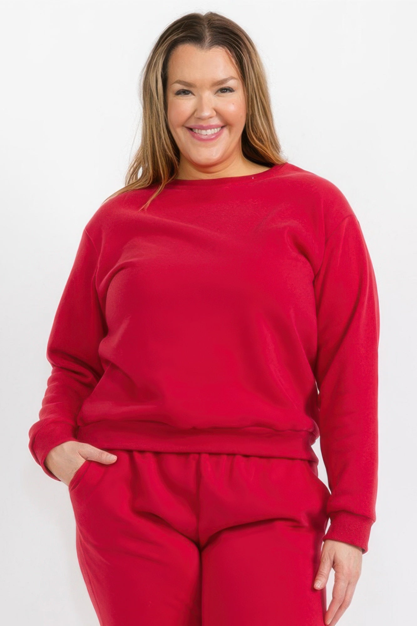 Red Plus Size fleece crewneck pullover, front view