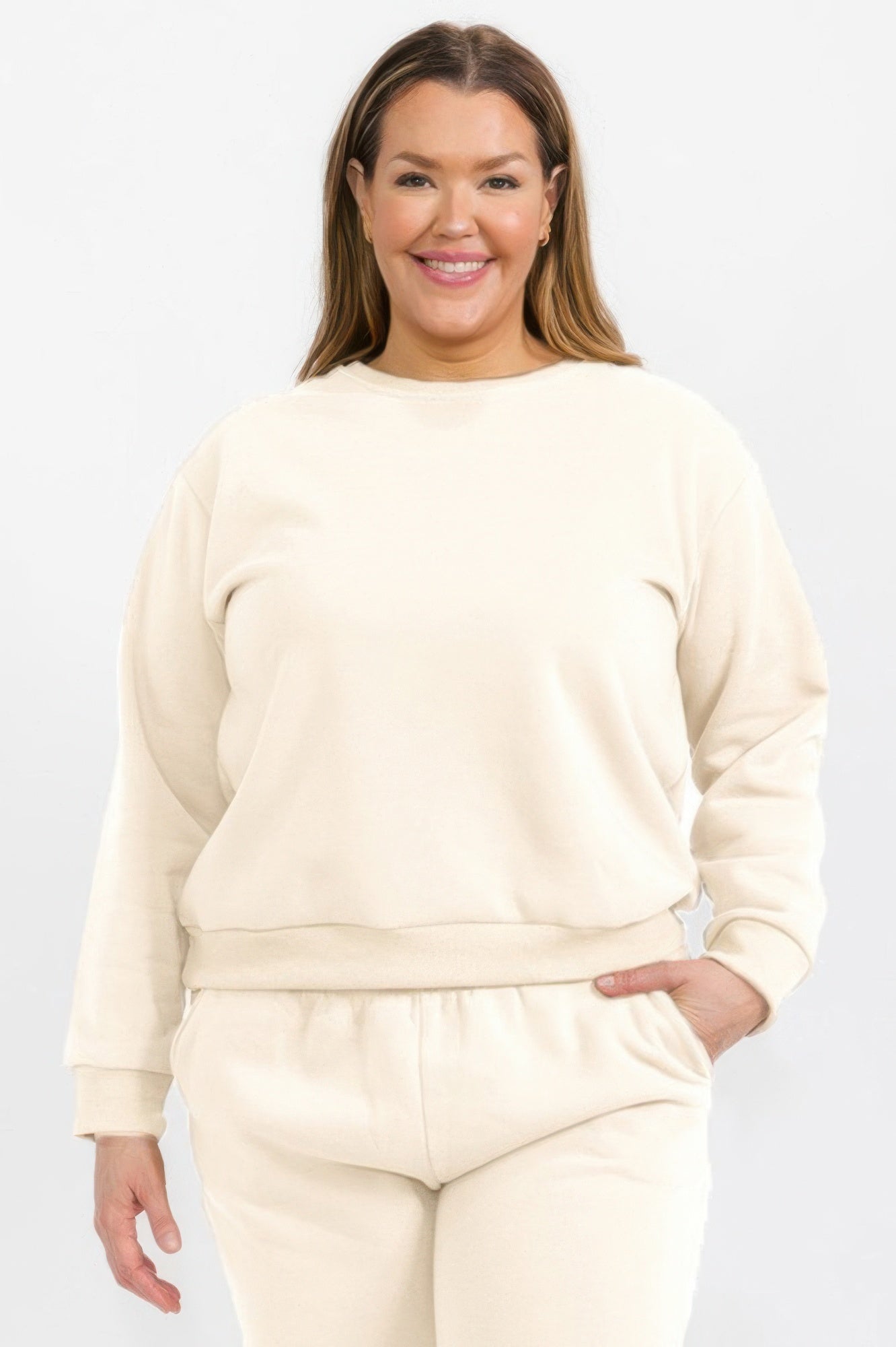 Stone Plus Size fleece crewneck pullover, front view with long sleeves