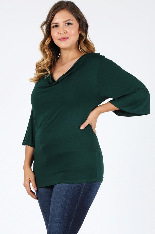 Hunter green cowl neck basic top, plus size, front view with draped neckline