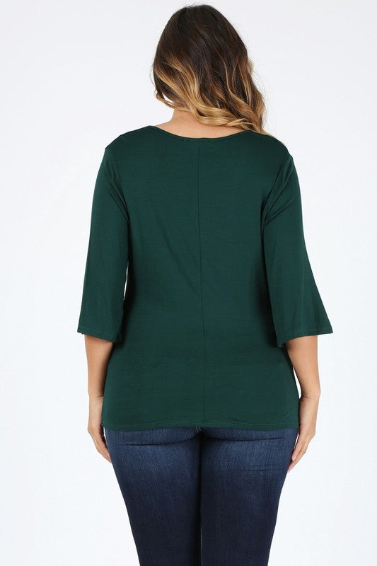 Hunter green cowl neck top, plus size, back view with center seam and 3/4 sleeves