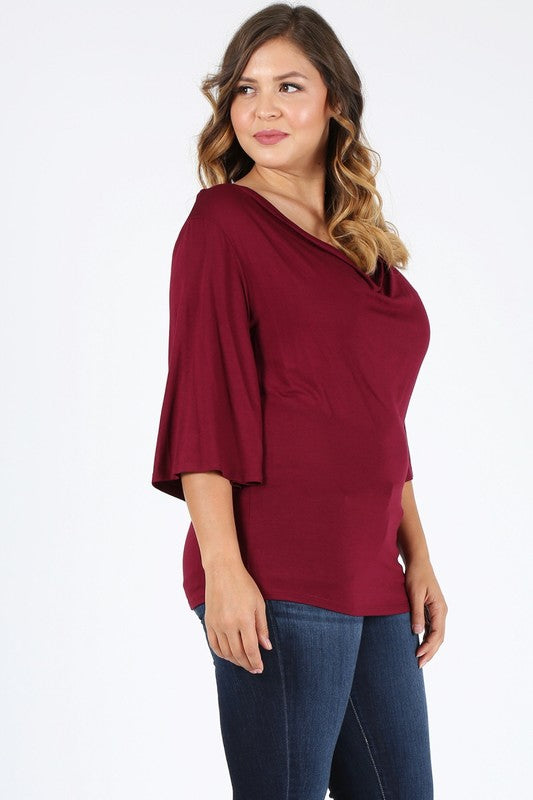 Burgundy cowl neck basic top, plus size, angled front view with draped neckline