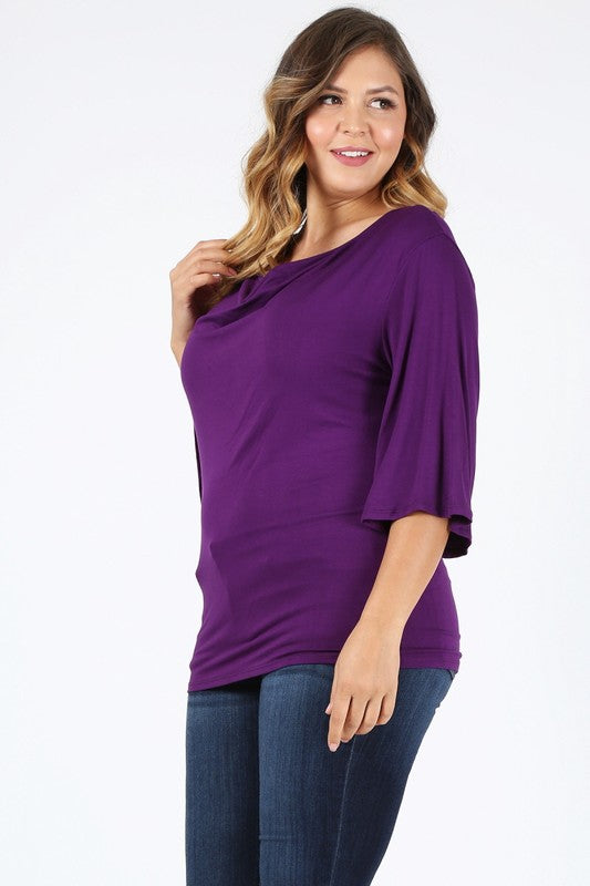 Plus-size cowl neck basic top in purple, relaxed fit and draped cowl neckline