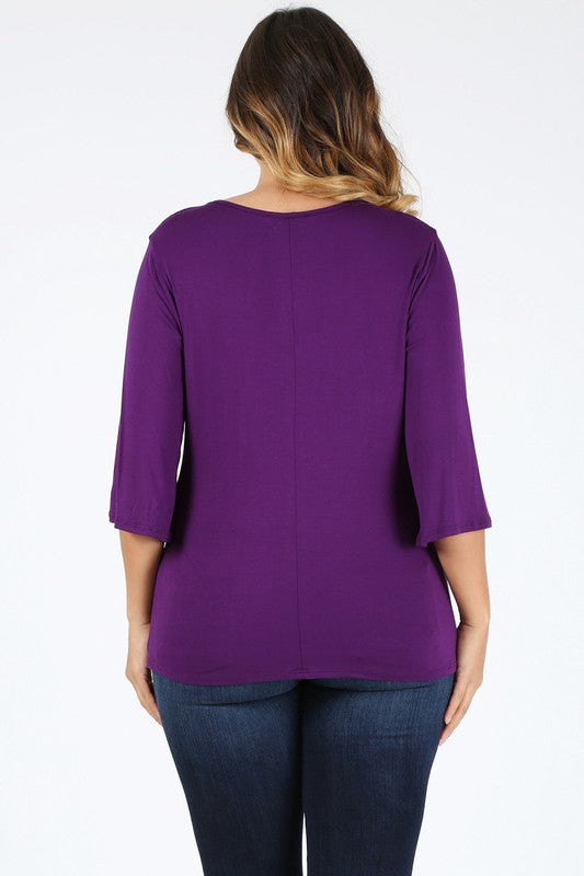 Back view of plus-size cowl neck basic top in purple, three-quarter sleeves