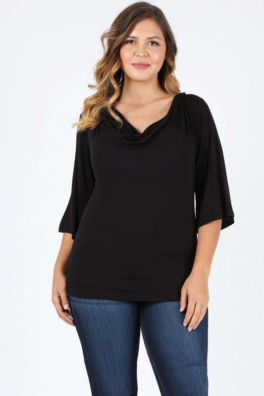 Black plus-size cowl neck basic top, three-quarter sleeves and draped neckline