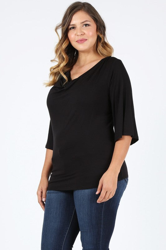 Black plus-size cowl neck basic top, relaxed fit and draped cowl neckline