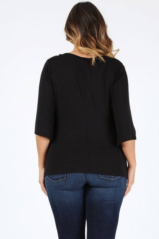 Back view of black plus-size cowl neck basic top with three-quarter sleeves