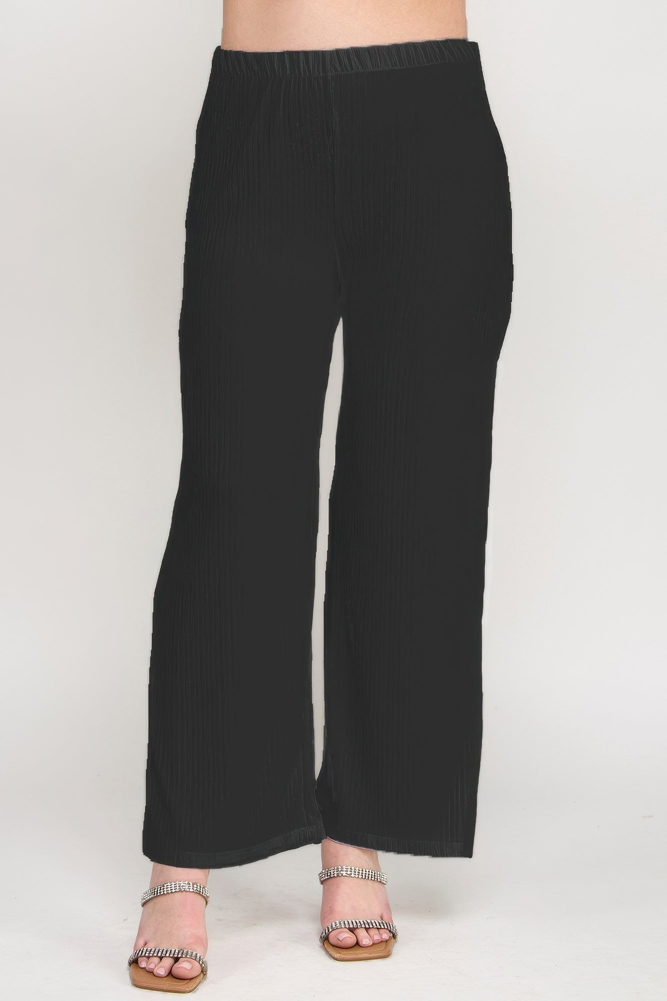 Black crinkle knit wide-leg pants with elastic waistband