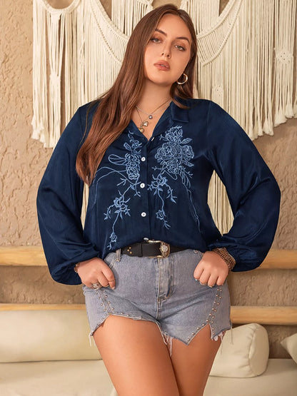 Plus Size Embroidered Long Sleeve Shirt - Tigbul's Variety Fashion Shop