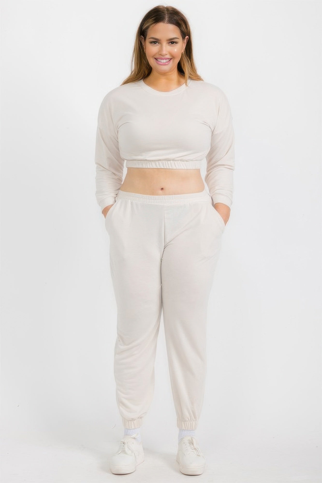 Plus Size French terry pullover & joggers set, cloud beige with long sleeves