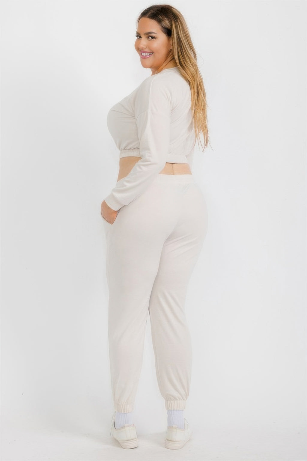 Cloud beige plus size pullover & joggers set, back view with ribbed waist detail